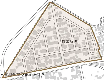 根室新町とその周辺の地図。町の範囲を重ねている