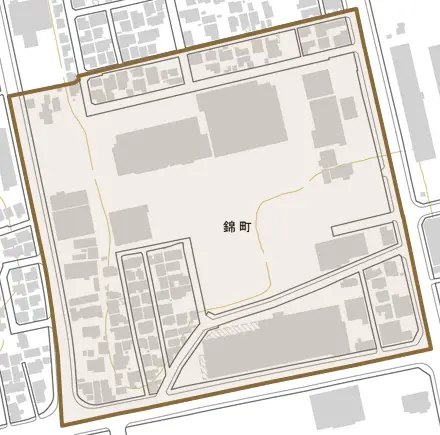 錦町とその周辺の地図。町の範囲を重ねている