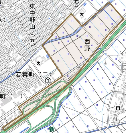 西野とその周辺の地図。町の範囲を重ねている