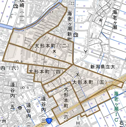 大形本町とその周辺の地図。町の範囲を重ねている