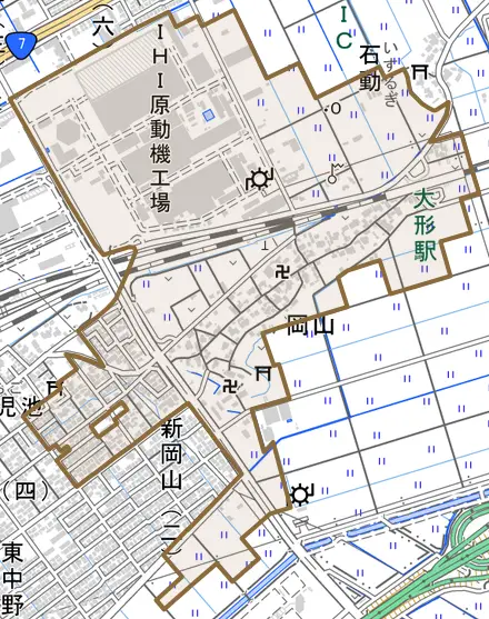 岡山とその周辺の地図。町の範囲を重ねている