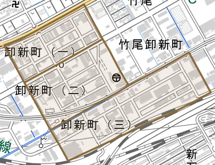 卸新町とその周辺の地図。町の範囲を重ねている
