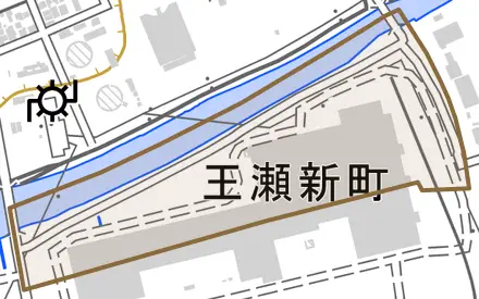 王瀬新町とその周辺の地図。町の範囲を重ねている