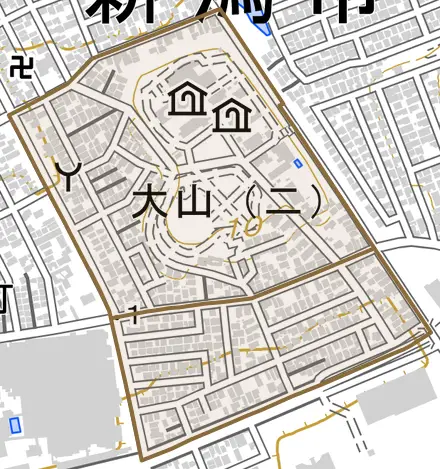 大山とその周辺の地図。町の範囲を重ねている