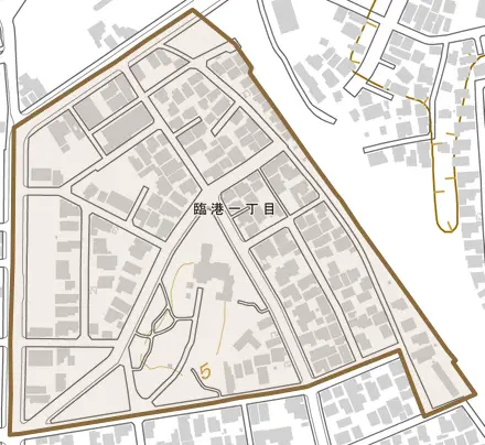 臨港とその周辺の地図。町の範囲を重ねている
