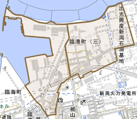臨港町とその周辺の地図。町の範囲を重ねている