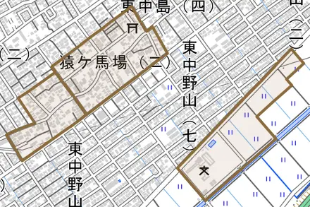 猿ケ馬場とその周辺の地図。町の範囲を重ねている