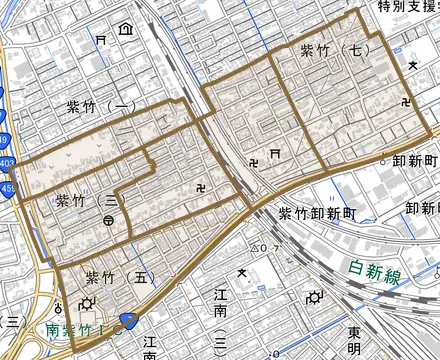 紫竹とその周辺の地図。町の範囲を重ねている