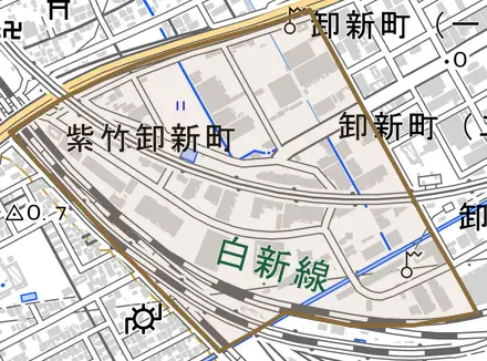 紫竹卸新町とその周辺の地図。町の範囲を重ねている
