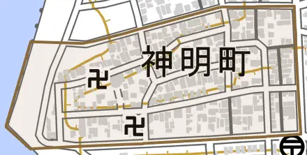 神明町とその周辺の地図。町の範囲を重ねている