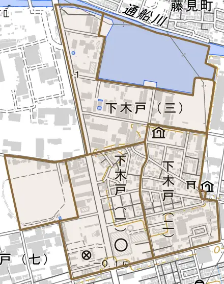 下木戸とその周辺の地図。町の範囲を重ねている