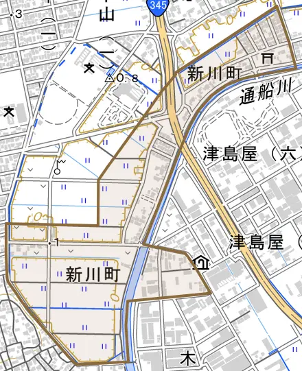 新川町とその周辺の地図。町の範囲を重ねている