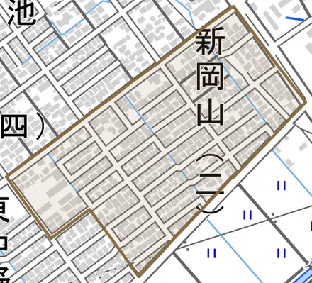 新岡山とその周辺の地図。町の範囲を重ねている