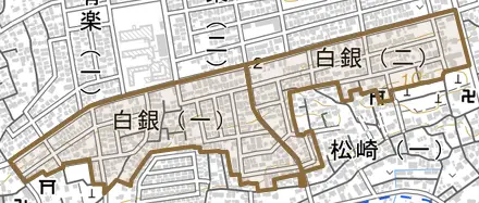 白銀とその周辺の地図。町の範囲を重ねている