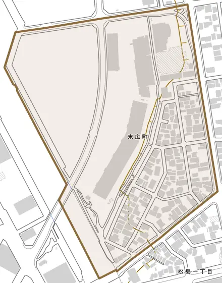 末広町とその周辺の地図。町の範囲を重ねている