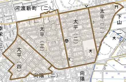 太平とその周辺の地図。町の範囲を重ねている