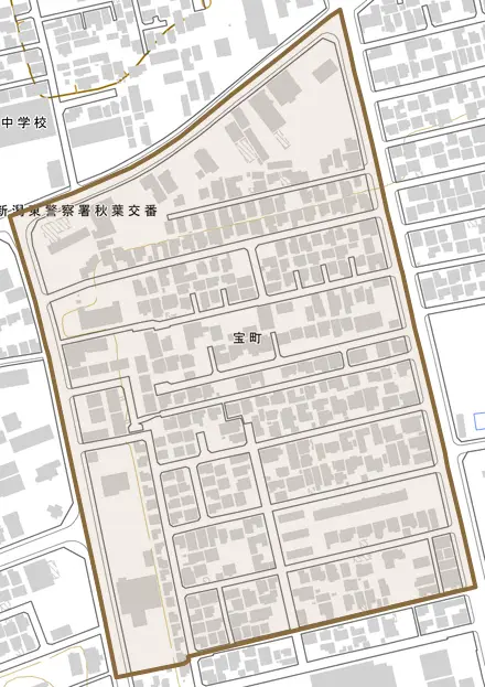 宝町とその周辺の地図。町の範囲を重ねている