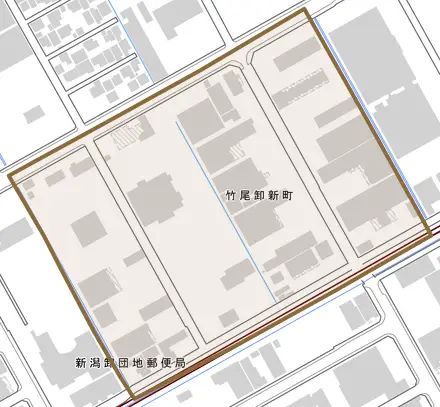竹尾卸新町とその周辺の地図。町の範囲を重ねている