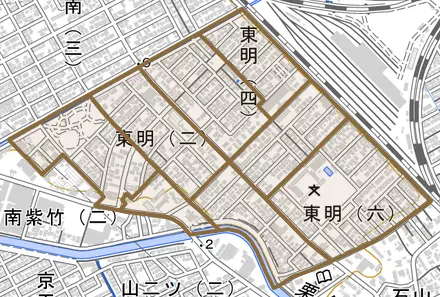 東明とその周辺の地図。町の範囲を重ねている