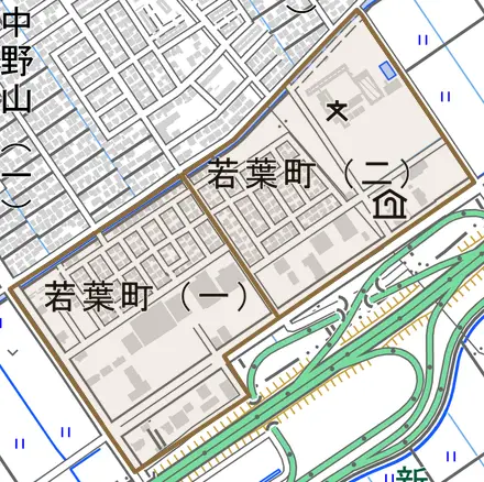 若葉町とその周辺の地図。町の範囲を重ねている