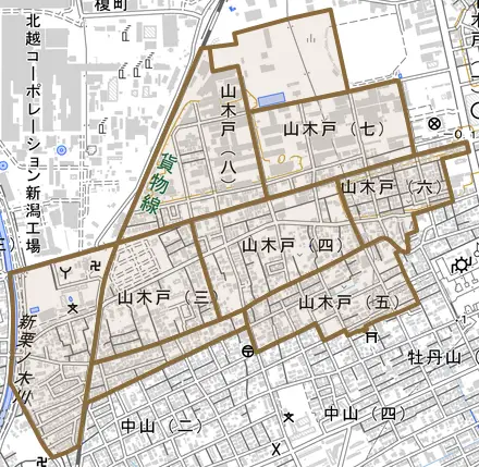 山木戸とその周辺の地図。町の範囲を重ねている