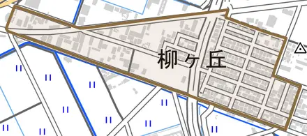 柳ヶ丘とその周辺の地図。町の範囲を重ねている