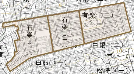 有楽とその周辺の地図。町の範囲を重ねている