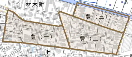 豊とその周辺の地図。町の範囲を重ねている