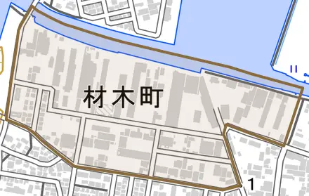材木町とその周辺の地図。町の範囲を重ねている