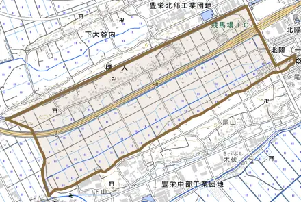樋ノ入とその周辺の地図。町の範囲を重ねている