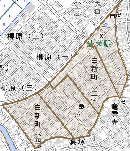 白新町とその周辺の地図。町の範囲を重ねている