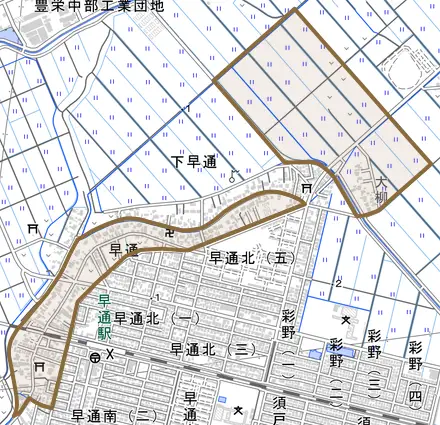 早通とその周辺の地図。町の範囲を重ねている