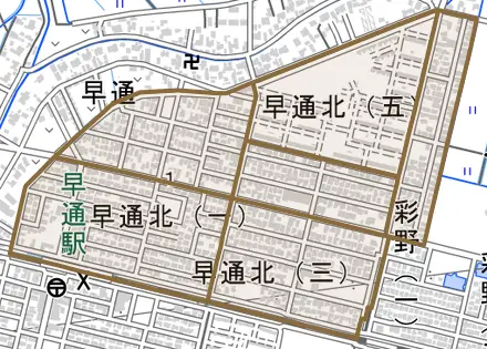 早通北とその周辺の地図。町の範囲を重ねている