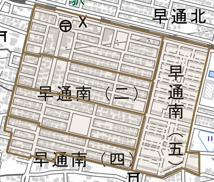 早通南とその周辺の地図。町の範囲を重ねている