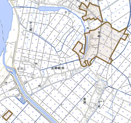 平林とその周辺の地図。町の範囲を重ねている