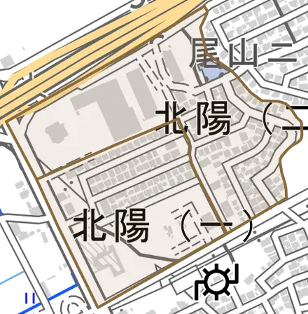 北陽とその周辺の地図。町の範囲を重ねている