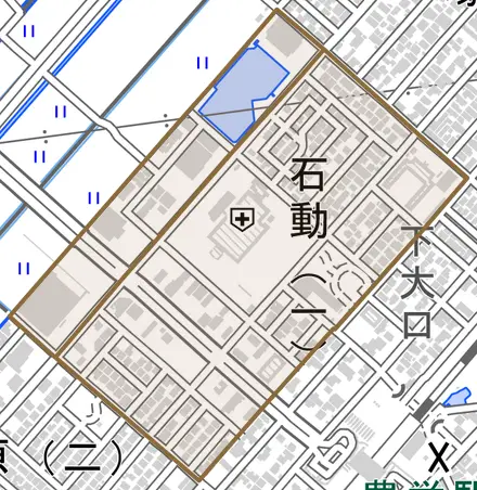 石動とその周辺の地図。町の範囲を重ねている