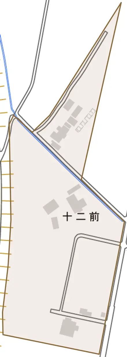 十二前とその周辺の地図。町の範囲を重ねている
