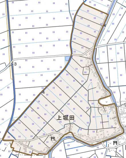 上堀田とその周辺の地図。町の範囲を重ねている