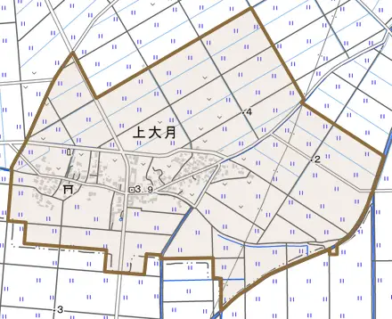上大月とその周辺の地図。町の範囲を重ねている