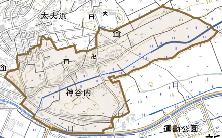 神谷内とその周辺の地図。町の範囲を重ねている