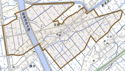 笠柳とその周辺の地図。町の範囲を重ねている