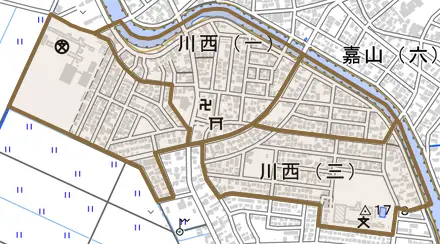 川西とその周辺の地図。町の範囲を重ねている