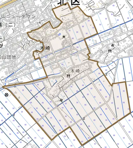 木崎とその周辺の地図。町の範囲を重ねている