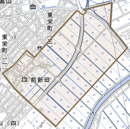 前新田とその周辺の地図。町の範囲を重ねている