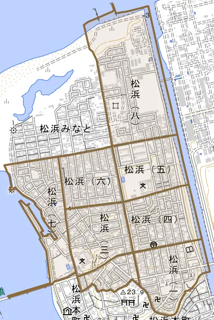 松浜とその周辺の地図。町の範囲を重ねている