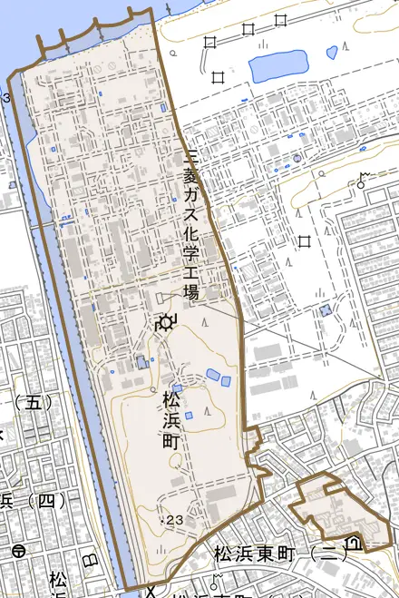 松浜町とその周辺の地図。町の範囲を重ねている