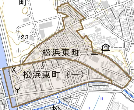 松浜東町とその周辺の地図。町の範囲を重ねている