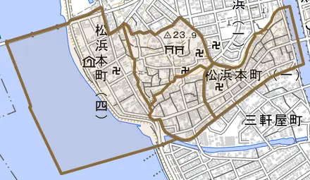 松浜本町とその周辺の地図。町の範囲を重ねている