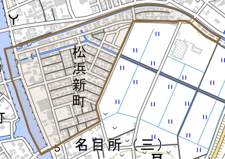 松浜新町とその周辺の地図。町の範囲を重ねている